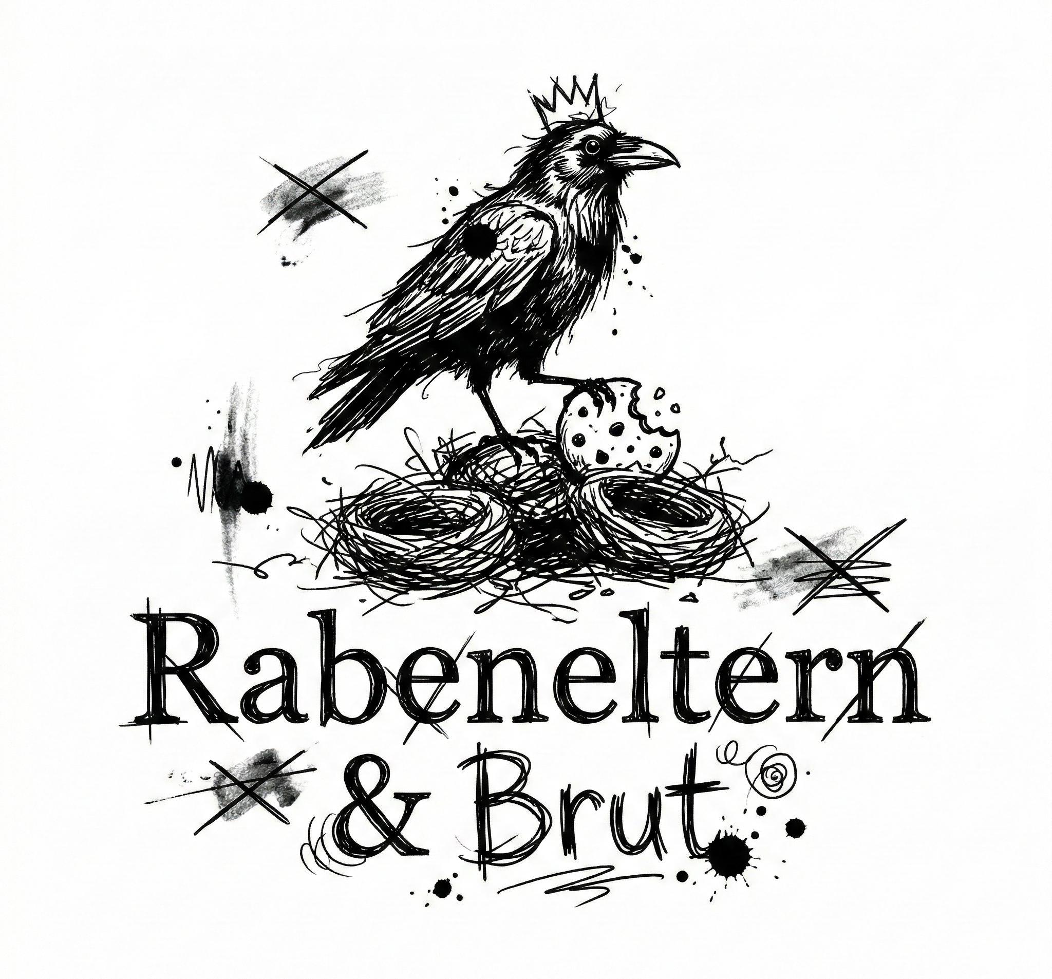 Rabeneltern & Brut Logo - Gekrönter Rabe auf Nest